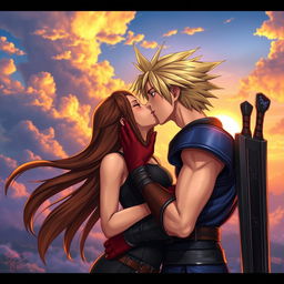 A captivating scene depicting Cloud Strife and Tifa Lockhart from Final Fantasy VII in a romantic kiss