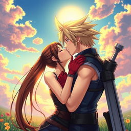 A captivating scene depicting Cloud Strife and Tifa Lockhart from Final Fantasy VII in a romantic kiss