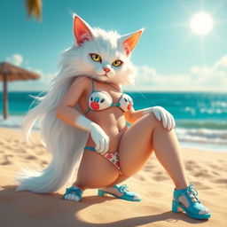A sexy white cat with a human body type, exuding confidence and allure while wearing a stylish bikini and trendy blue shoes