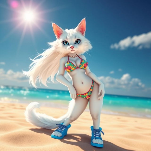 A sexy white cat with a human body type, exuding confidence and allure while wearing a stylish bikini and trendy blue shoes