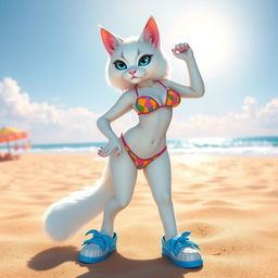 A sexy white cat with a human body type, exuding confidence and allure while wearing a stylish bikini and trendy blue shoes