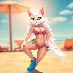 A sexy white cat with a human body type, exuding confidence and allure while wearing a stylish bikini and trendy blue shoes