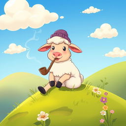 A whimsical cartoon sheep casually smoking a pipe, sitting comfortably on a grassy hillside