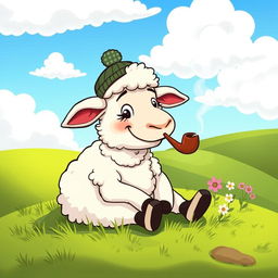 A whimsical cartoon sheep casually smoking a pipe, sitting comfortably on a grassy hillside