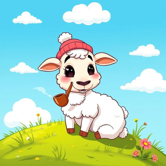 A whimsical cartoon sheep casually smoking a pipe, sitting comfortably on a grassy hillside