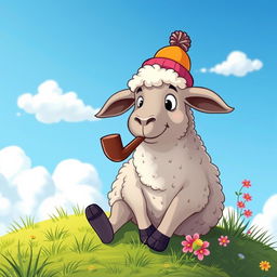 A whimsical cartoon sheep casually smoking a pipe, sitting comfortably on a grassy hillside