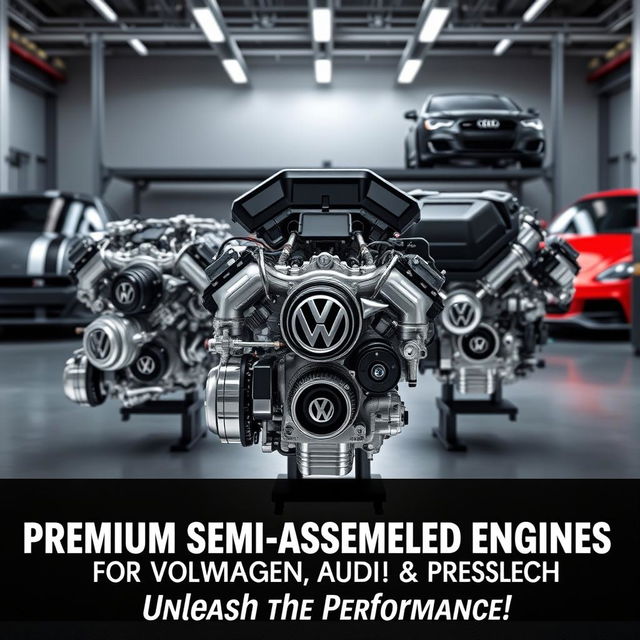 An eye-catching promotional image showcasing semi-assembled engines specifically tailored for Volkswagen, Audi, and Porsche vehicles