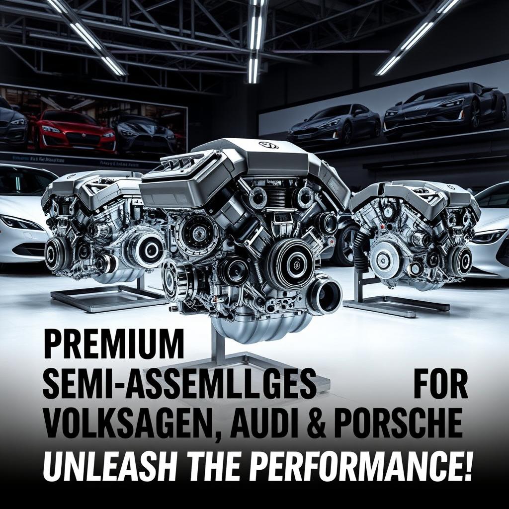 An eye-catching promotional image showcasing semi-assembled engines specifically tailored for Volkswagen, Audi, and Porsche vehicles
