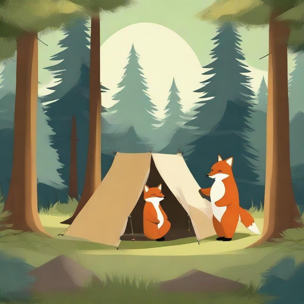 A high-quality digital art image depicts a fox and a bear setting up a tent in the wilderness