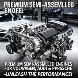 An eye-catching promotional image showcasing semi-assembled engines specifically tailored for Volkswagen, Audi, and Porsche vehicles