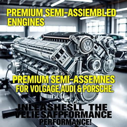 An eye-catching promotional image showcasing semi-assembled engines specifically tailored for Volkswagen, Audi, and Porsche vehicles