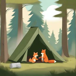 A high-quality digital art image depicts a fox and a bear setting up a tent in the wilderness