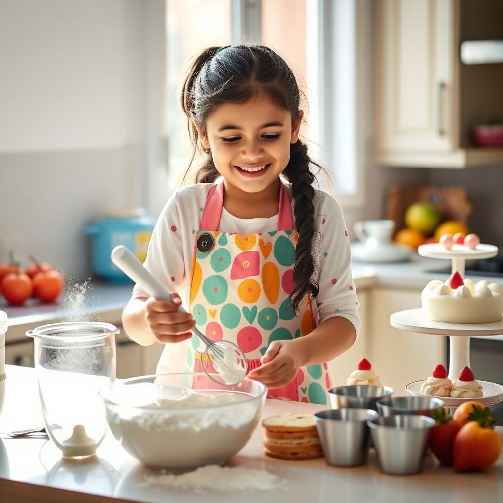 A young Saudi girl joyfully baking cakes in a cozy kitchen