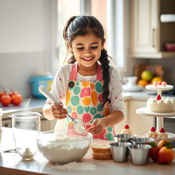A young Saudi girl joyfully baking cakes in a cozy kitchen