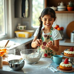 A young Saudi girl joyfully baking cakes in a cozy kitchen
