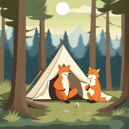 A high-quality digital art image depicts a fox and a bear setting up a tent in the wilderness