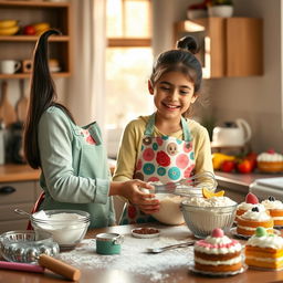 A young Saudi girl joyfully baking cakes in a cozy kitchen