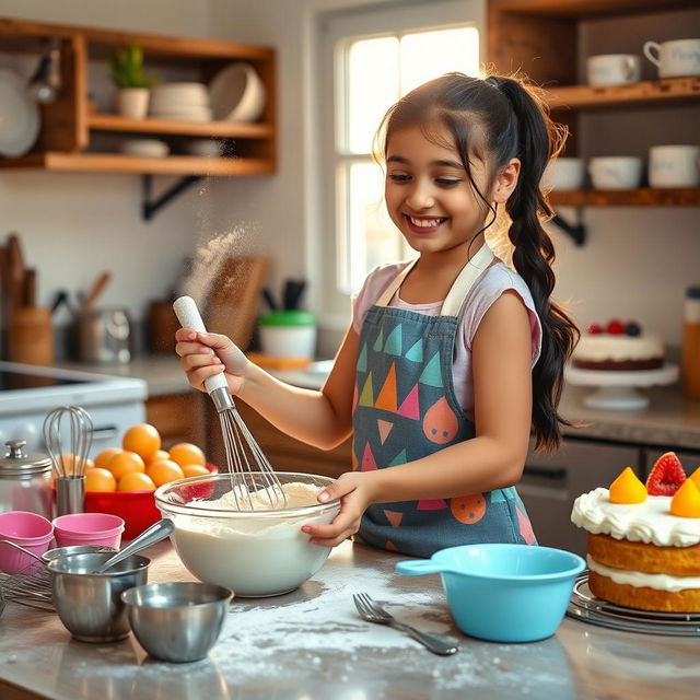 A young Saudi girl joyfully baking cakes in a cozy kitchen