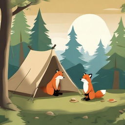 A high-quality digital art image depicts a fox and a bear setting up a tent in the wilderness