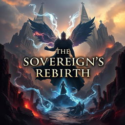 A striking novel cover design featuring the title 'THE SOVEREIGN'S REBIRTH' prominently displayed at the center
