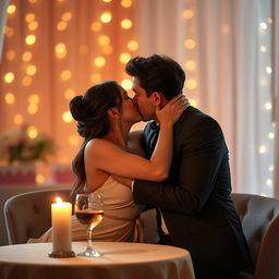 A romantic scene depicting two adults embracing and sharing a passionate kiss