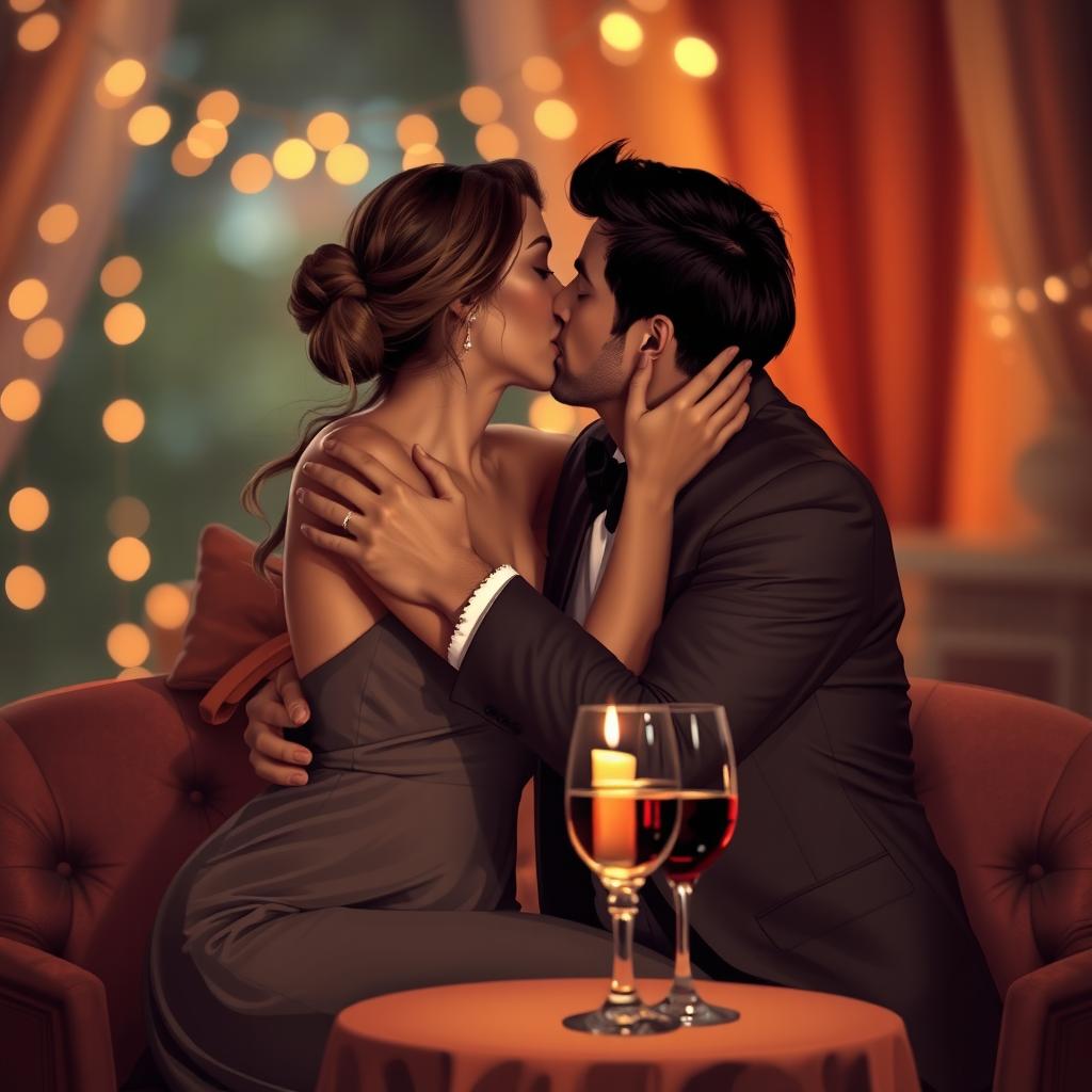 A romantic scene depicting two adults embracing and sharing a passionate kiss