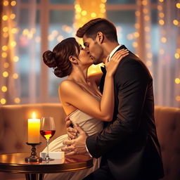 A romantic scene depicting two adults embracing and sharing a passionate kiss