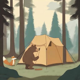 A high-quality digital art image portrays a bear and a fox setting up a tent in a forest