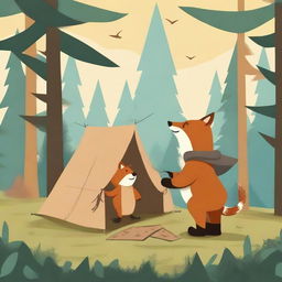 A high-quality digital art image portrays a bear and a fox setting up a tent in a forest