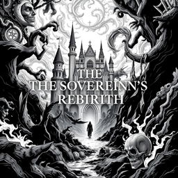 A novel cover design in striking black and white featuring the title 'THE SOVEREIGN'S REBIRTH' prominently displayed at the center