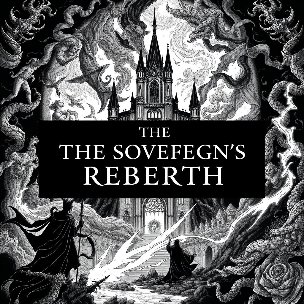 A novel cover design in striking black and white featuring the title 'THE SOVEREIGN'S REBIRTH' prominently displayed at the center