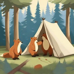 A high-quality digital art image portrays a bear and a fox setting up a tent in a forest