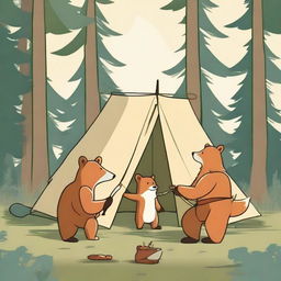 A high-quality digital art image portrays a bear and a fox setting up a tent in a forest