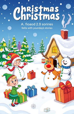 A whimsical illustration for a children's book filled with Christmas stories, featuring playful and cheerful characters like elves, reindeer, and snowmen in a comic-style layout