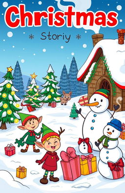 A whimsical illustration for a children's book filled with Christmas stories, featuring playful and cheerful characters like elves, reindeer, and snowmen in a comic-style layout