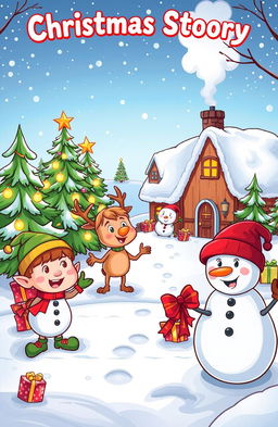 A whimsical illustration for a children's book filled with Christmas stories, featuring playful and cheerful characters like elves, reindeer, and snowmen in a comic-style layout