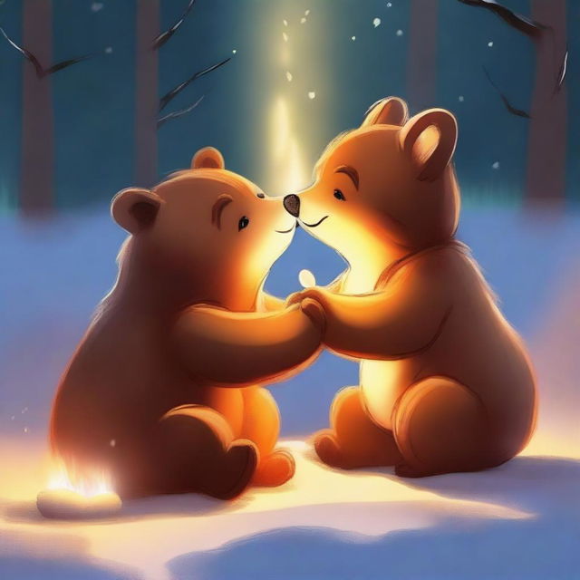 A high-quality digital art piece depicting a heartwarming scene of a bear and a fox sharing a tender kiss by a crackling fire