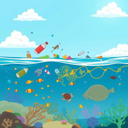 A simple and educational illustration depicting marine pollution