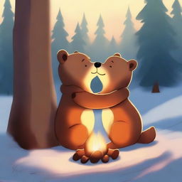 A high-quality digital art piece depicting a heartwarming scene of a bear and a fox sharing a tender kiss by a crackling fire