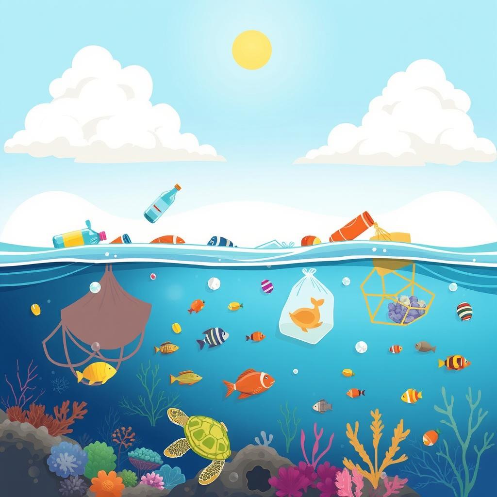 A simple and educational illustration depicting marine pollution