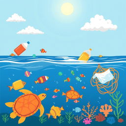 A simple and educational illustration depicting marine pollution
