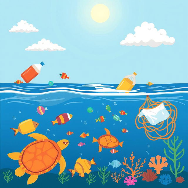 A simple and educational illustration depicting marine pollution