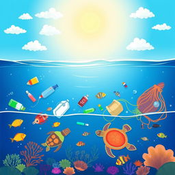 A simple and educational illustration depicting marine pollution