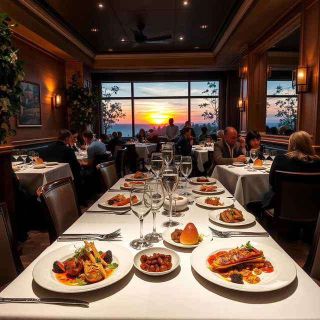 A delicious restaurant interior, showcasing elegant dining tables with fine linens and sparkling silverware