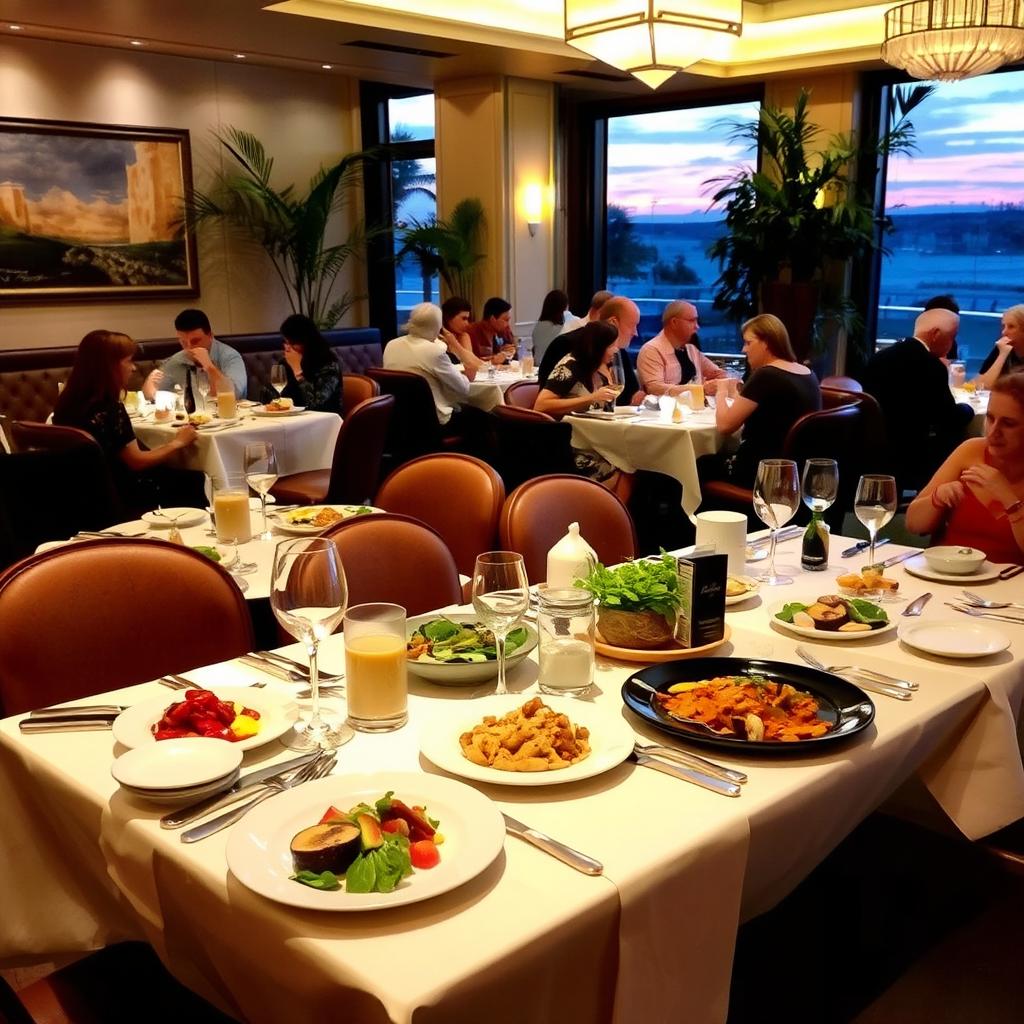 A delicious restaurant interior, showcasing elegant dining tables with fine linens and sparkling silverware