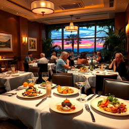 A delicious restaurant interior, showcasing elegant dining tables with fine linens and sparkling silverware