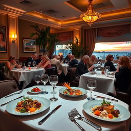 A delicious restaurant interior, showcasing elegant dining tables with fine linens and sparkling silverware