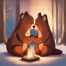 A high-quality digital art piece depicting a heartwarming scene of a bear and a fox sharing a tender kiss by a crackling fire