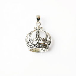 A small silver filigree crown round pendant crest, intricately designed with delicate patterns and ornate details, depicted in a fantasy art style on a blank background