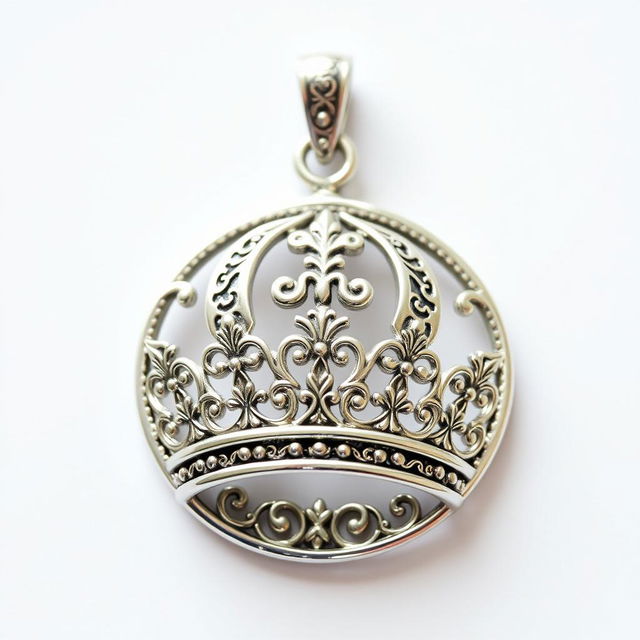 A small silver filigree crown round pendant crest, intricately designed with delicate patterns and ornate details, depicted in a fantasy art style on a blank background